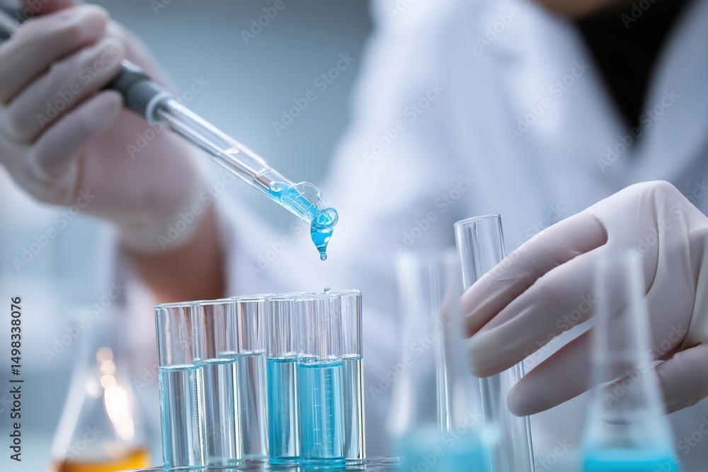 Poster close up of scientist's hands in gloves using micropipette adding blue liquid to test tube during me