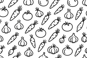 Seamless Pattern of Line Art Vegetables Carrots, Tomatoes, Garlic
