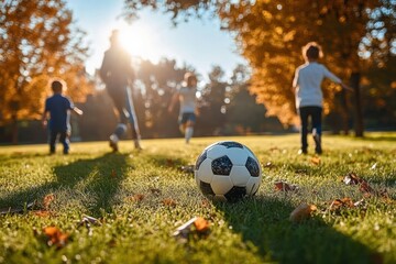 Children playing soccer in a sunlit park during autumn with a black and white ball on green grass and colorful fall leaves