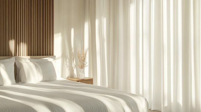 Minimalist bedroom with white linens, wooden bed frame, and sunlight casting soft shadows through gauzy curtains