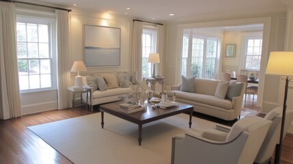 Fototapeta premium Minimal living room with modern artwork, recessed lighting, and a soft color palette for a clean, calming space