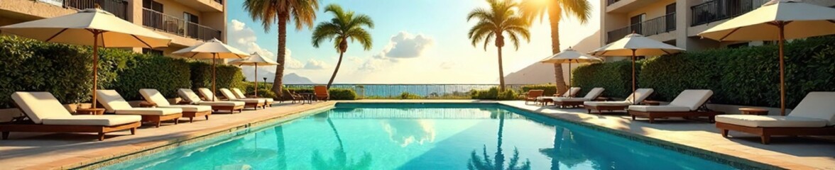 Sun-drenched California hotel pool, palm trees swaying in the breeze, inviting lounge chairs beckoning relaxation Escape to paradise , swimming pool, travel