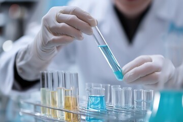 Close up of scientist hands holding test tube and pouring blue liquid substance in laboratory glassware
