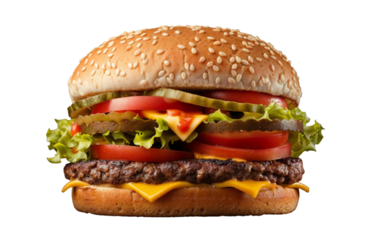 Cheeseburger with Double Cheddar, Beef Patty, Lettuce, Tomatoes, Pickles, and Sesame Bun – Classic Fast Food with Sauce. Restaurant Menus, Delivery Apps, and Food Advertising
