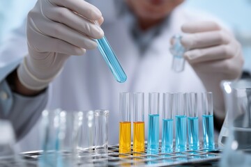 Fototapeta premium Scientist wearing lab coat and gloves pouring blue liquid into test tube in laboratory setting, conducting experiment or research