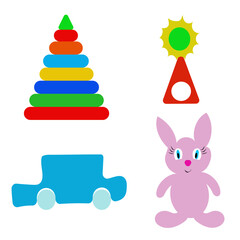 Colorful toy set. Stacking pyramid game. Pink bunny figure. Vector play illustration.