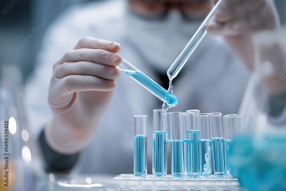 Poster close up of scientist hands using lab equipment, pouring blue liquid into test tubes during scientif