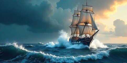 Fototapeta premium A majestic sailing ship battling a fierce storm at sea, waves crashing against its hull, conveying a sense of struggle and resilience , nautical, white, ship
