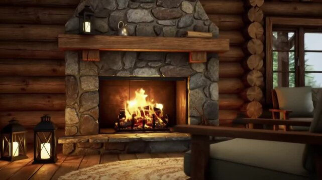 wooden cabin lodge, cozy interior with fireplace rustic furniture warm winter textures inviting feel