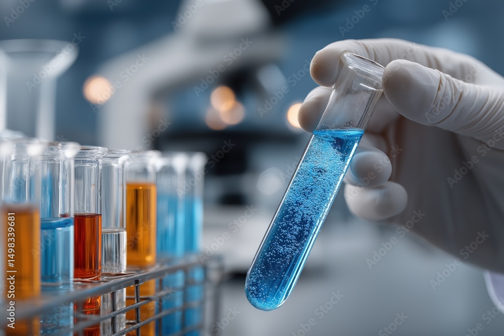 Poster gloved hand holding test tube containing blue bubbling liquid in a laboratory setting with other tes
