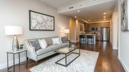 Fototapeta premium Sleek contemporary living room with neutral tones, minimalist furniture, and abstract wall art for a clean and stylish look