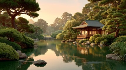 Fototapeta premium Peaceful japanese tea garden with a teahouse surrounded by a calm pond and lush greenery for relaxation