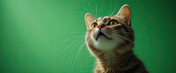 Low-angle close-up of a curious tabby cat looking upward with focused eyes on green background, dramatic studio portrait capturing feline elegance and attention