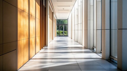 Obraz premium Sunlight casting geometric shadows on a modern hallway wall with clean lines and light wood accents