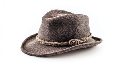 Vintage-inspired felt hat with decorative braided trim isolated on white backdrop