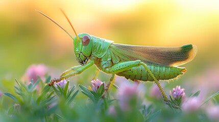 Green grasshopper on grass blade, calm scene with soft yellow blur in background.