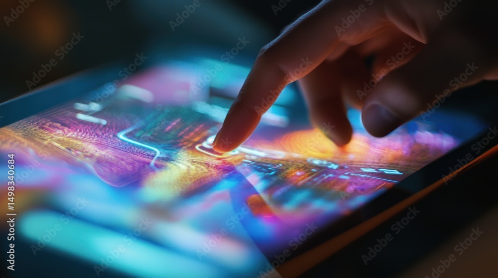 Poster futuristic interaction on a digital display with vibrant colorful graphics