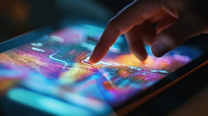 Futuristic interaction on a digital display with vibrant colorful graphics