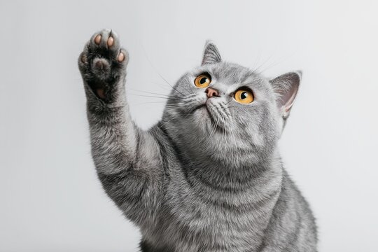 Adorable gray british shorthair cat raising paw, looking up with curiosity on a clean white background, showcasing its playful nature - Powered by Adobe