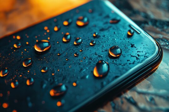 Water droplets on a smartphone screen, showcasing its waterproof design and vibrant color.