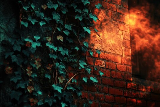 Ivy climbs a rustic brick wall, bathed in warm, smoky light, creating a mysterious and enchanting scene. - Powered by Adobe
