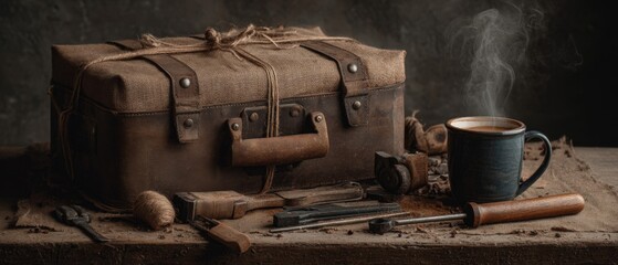 Rusty Vintage Toolbox and Coffee Mug on Wooden Table