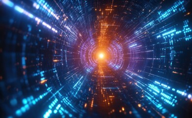 Vibrant futuristic tunnel with dynamic glowing blue and orange digital lights converging towards a bright center creating a sense of motion and depth