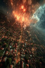 Naklejka premium Aerial View of Fireworks Display Over City at Night