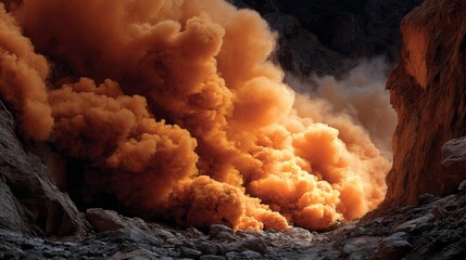 Orange Dust Cloud Explosion in Quarry