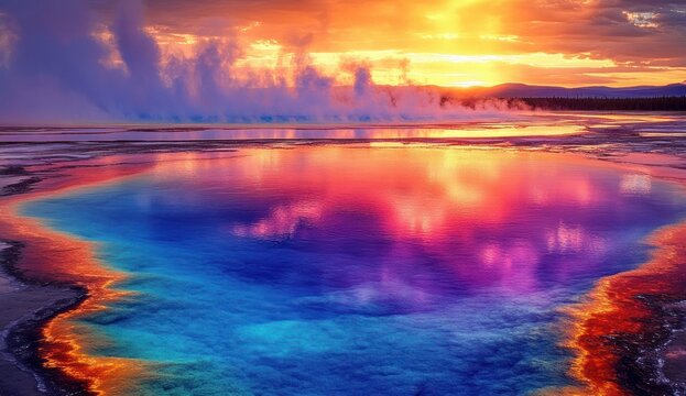Vibrant colorful hot spring pool under dramatic sunset sky with steam rising and mountain silhouette in the distance