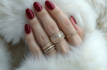 Close-up of a hand with glossy dark red nail polish wearing multiple elegant gold and diamond rings, resting on soft white fur fabric conveying luxury and sophistication