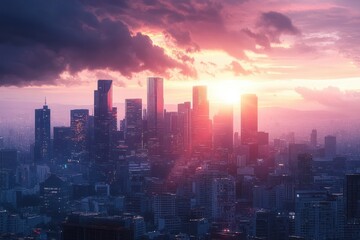 Fototapeta premium Sunset over a modern city skyline with tall skyscrapers and dramatic clouds creating a vibrant and warm atmosphere