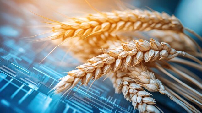 Golden wheat spikes against a digital backdrop symbolizing agricultural technology