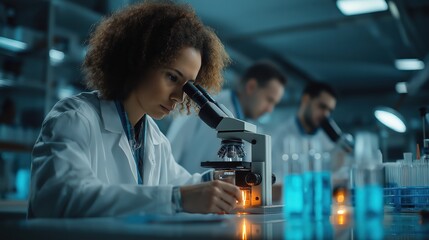 Team of medical research scientists working with microscope and test tubes, developing cure in pharmaceutical laboratory