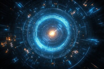 Glowing blue and orange digital concentric circles with bright light in the center representing futuristic technology and energy flow