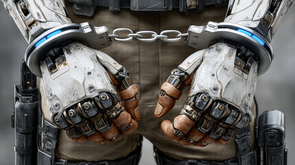 Futuristic crime scene with handcuffed android highlighting advanced robotics and security themes for creative projects