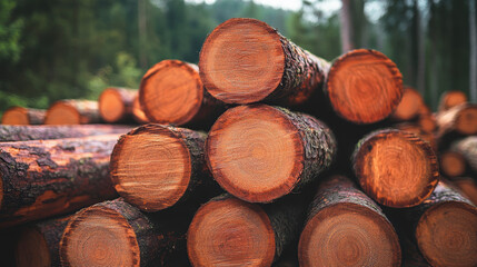 Fototapeta premium Stacked timber logs in forest: freshly cut, natural wood piles highlighting sustainable forestry practices