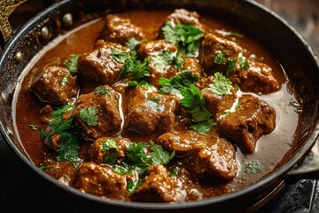 Fototapeta premium Close-up of a rich brown meat curry garnished with fresh green cilantro leaves in a dark pan