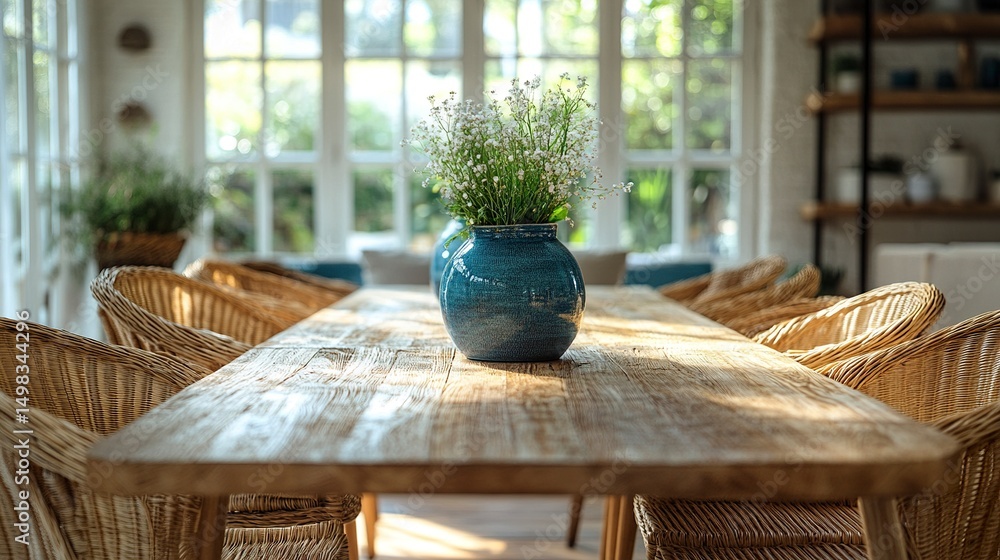 Poster modern rustic dining table with wicker chairs and ceramic vases, soft window light, centered composi