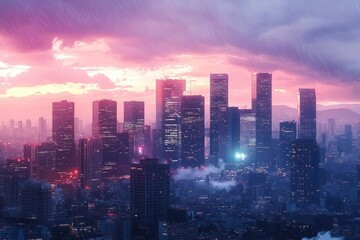 Rainy evening over a city skyline with numerous tall skyscrapers illuminated with lights under a dramatic pink and purple cloudy sky
