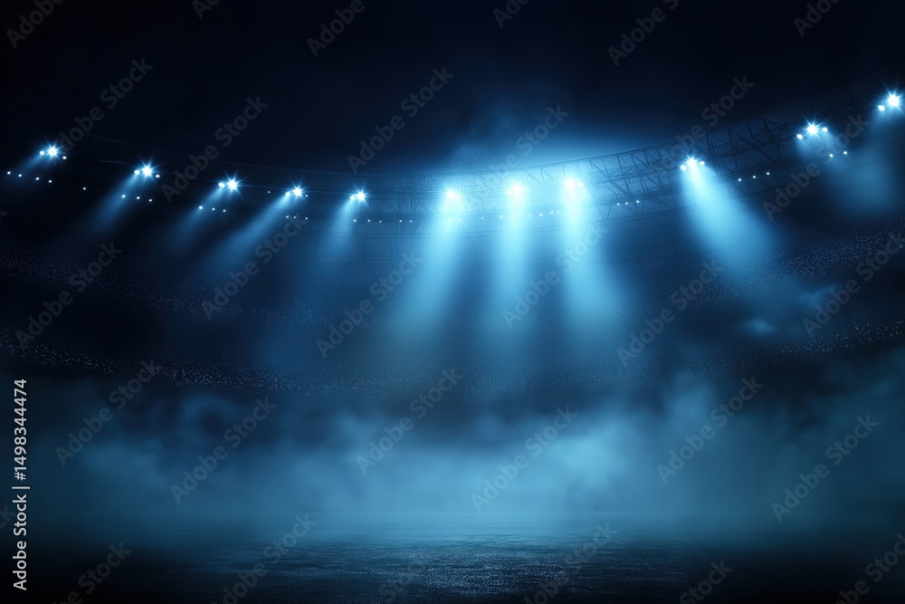 Poster powerful stadium lights illuminating an empty field covered in fog at night, creating a dramatic and