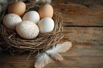 Close-up of a bird's nest containing a mix of speckled, white, and brown eggs placed on a rustic wooden surface with two white feathers nearby