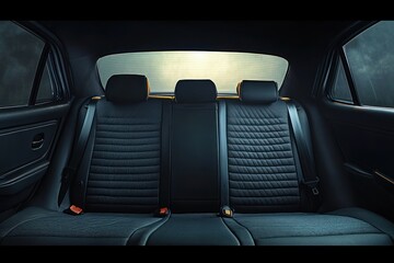 Interior view of an empty modern car's backseat with dark upholstery, three headrests, seatbelts, and soft light coming through the rear window creating a calm atmosphere