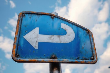 Rusty blue metal traffic sign showing a left U-turn arrow against a partly cloudy sky