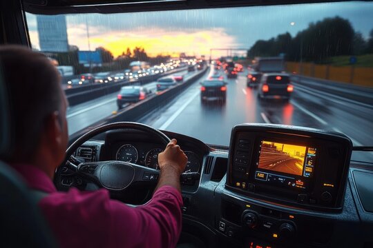 Driver operating a vehicle on a busy, wet highway during sunset with traffic and digital navigation display visible inside the cab