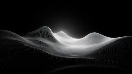 Abstract digital landscape of smooth rolling hills illuminated with glowing white lines against a black background, creating a futuristic and serene atmosphere