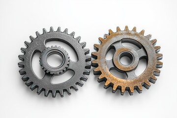 Two metal gears with visible teeth on a white background, one gear showing rust and wear, the other clean and polished, symbolizing contrast and time passage
