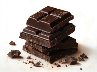 Stack of dark chocolate bars with chunks and crumbs on a light surface evoking rich indulgence and delicious treat