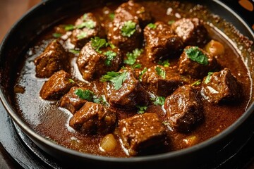 Close-up of tender beef stew chunks simmering in rich brown gravy garnished with fresh green herbs in a black skillet