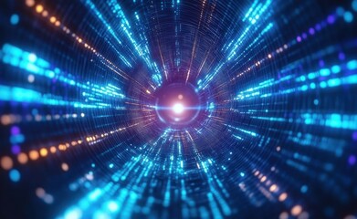 Abstract glowing tunnel with radiating blue and orange digital light particles converging to a bright central point conveying futuristic technology and dynamic energy